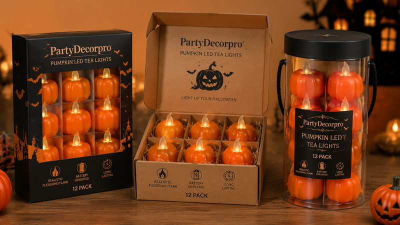 Halloween pumpkin LED tea light candles packaging in window box kraft box and cylinder tube display