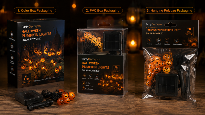 Halloween pumpkin string lights packaging options showing color box PVC box and polybag hang tag designs with solar powered set