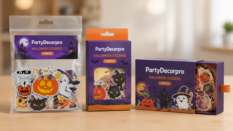 Halloween sticker packaging options with poly bag, window box and drawer box for retail display and wholesale supply