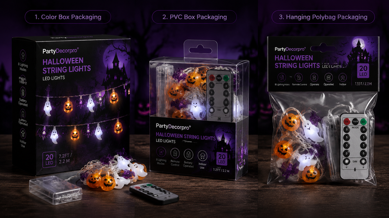 Halloween string lights packaging options showing color box PVC box and hang tag bag designs with remote control set