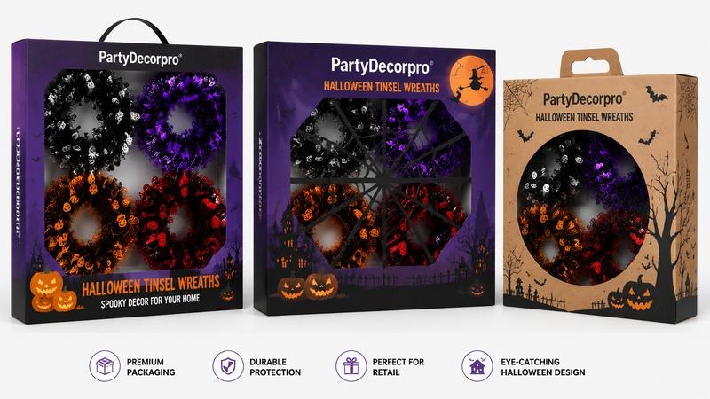 Halloween tinsel wreath large paper box packaging with window display handle box and retail-ready design concept