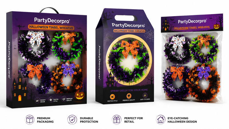 Halloween tinsel wreath packaging design with large paper box window box and handle box retail wholesale concept