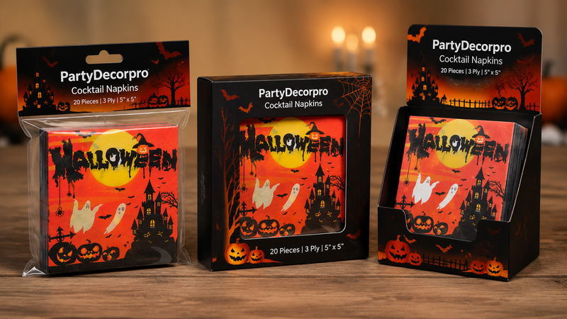 Halloween cocktail napkin packaging mockups in bag window box and display box formats with spooky themed design wholesale