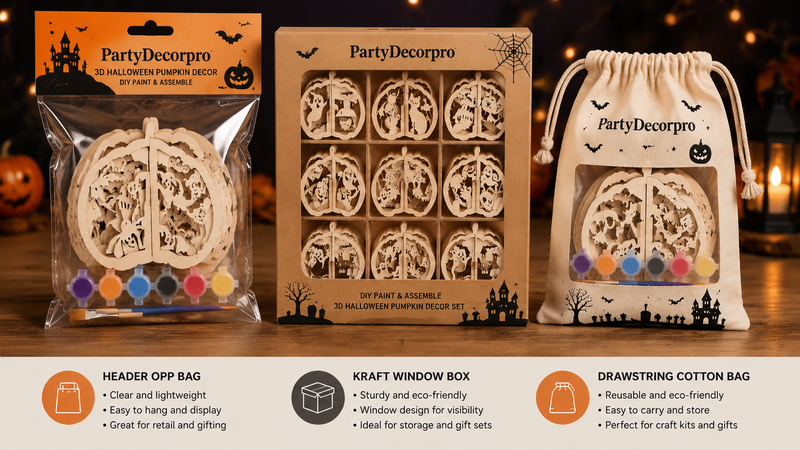 Halloween wooden pumpkin craft packaging OPP bag kraft box drawstring pouch display