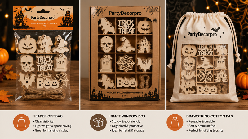 Halloween wooden ornaments packaging options OPP bag kraft window box drawstring pouch display