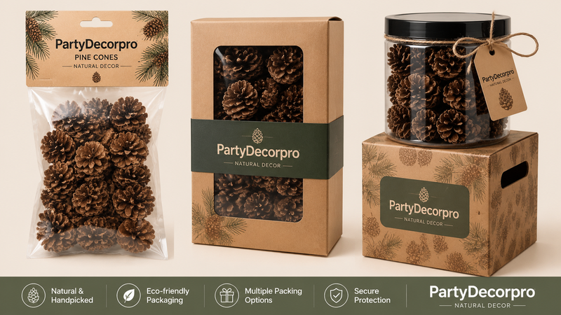 Custom packaging solutions for handmade natural pine cone craft decorations with clear bags and eco boxes