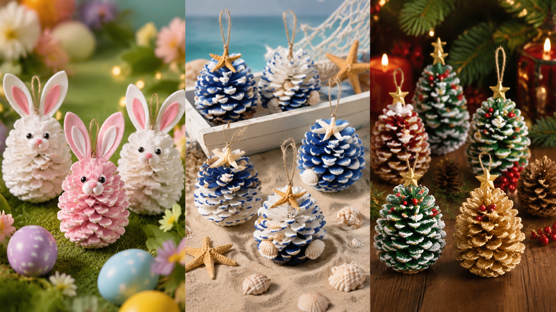 Custom holiday themed handmade pine cone decorations for Easter coastal and Christmas party decor