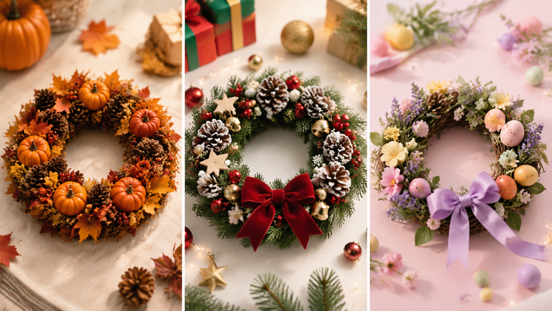 Custom handmade pine cone wreath designs for autumn, Christmas and spring holiday decorations