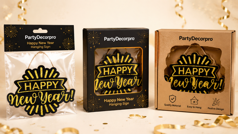 New Year hanging sign packaging options including bag, window box and kraft box display