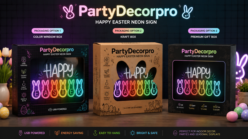 Happy Easter neon sign packaging options showing window box kraft box and premium gift box with rainbow bunny design