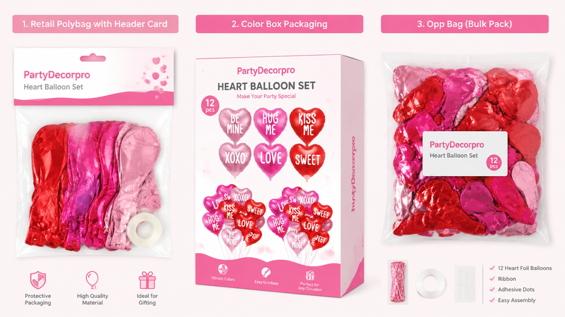 Custom heart foil balloon set packaging solutions with retail bags, color boxes, and bulk packaging designs