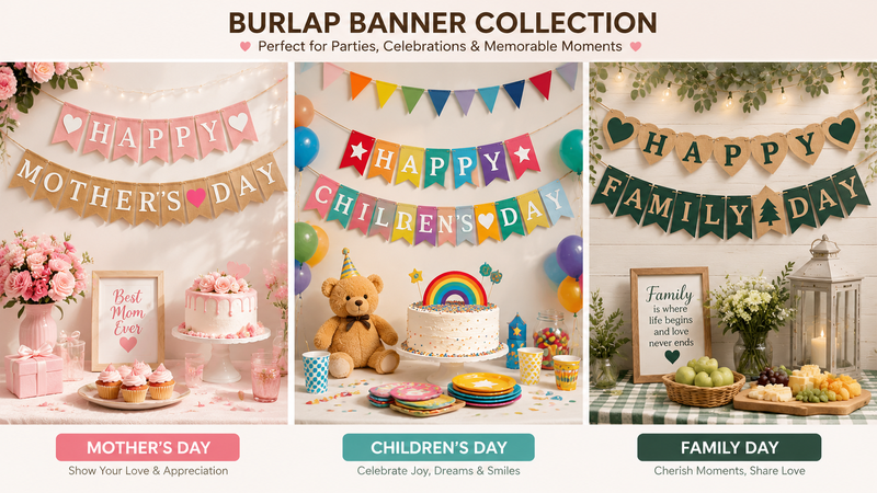 Three holiday-themed burlap banner sets for Mother’s Day, Children’s Day, and Family Day displayed with festive table setups.
