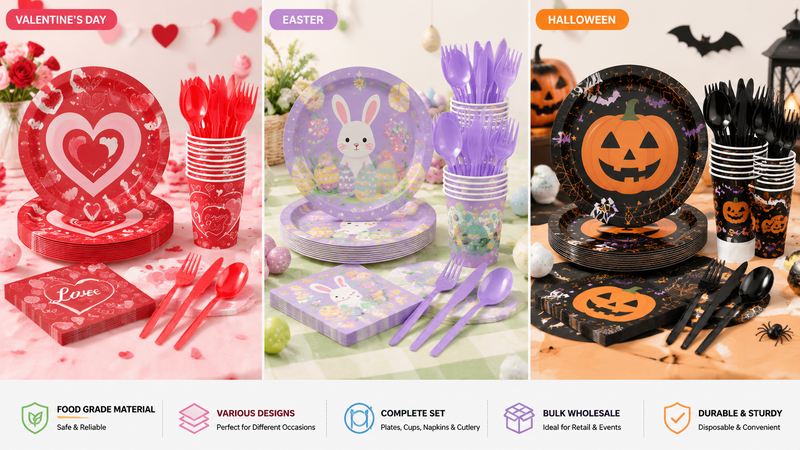 Custom themed disposable tableware sets for Valentine’s Day, Easter and Halloween parties