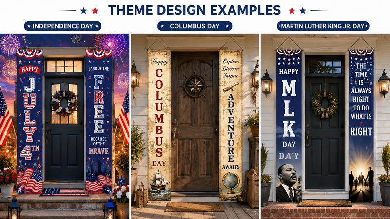 Independence Day, Columbus Day, Martin Luther King Jr. themed door banners for festive porch decoration.