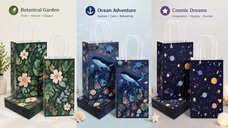 Customizable holiday-themed gift bags with vibrant skull and floral designs, sturdy paper handles, suitable for retail and wholesale.