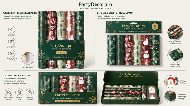 Christmas gift wrap packaging mockups showing roll sets, folded sheets and box set retail packaging options