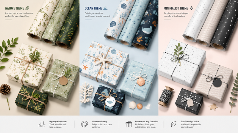 Festive gift wrapping paper rolls with multiple holiday patterns and design variations for custom packaging use