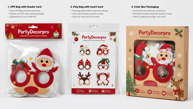 Festive mask packaging options including OPP bag, poly bag with insert card, and retail display box with customizable branding