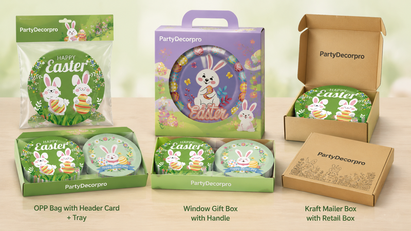 Custom packaging solutions for Easter holiday tabletop decorations with clear bags, gift boxes and retail cartons