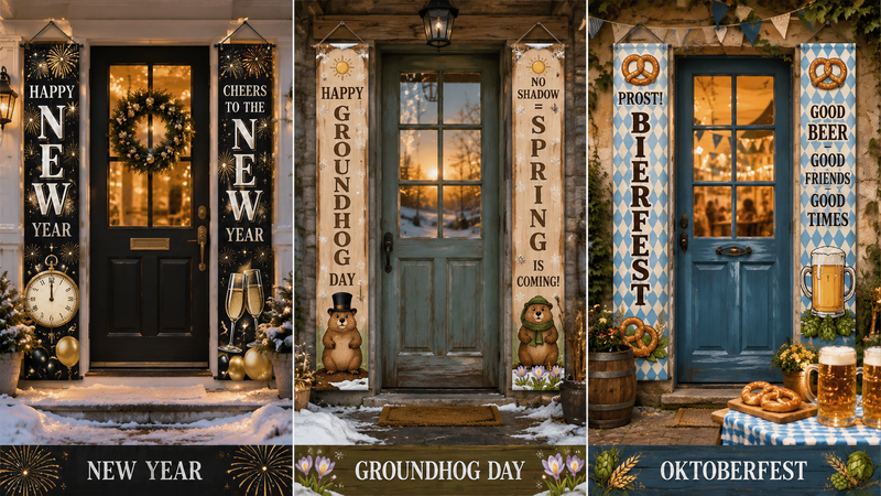 New Year, Groundhog Day, and Oktoberfest festive banners set on themed doorways with atmospheric seasonal decor