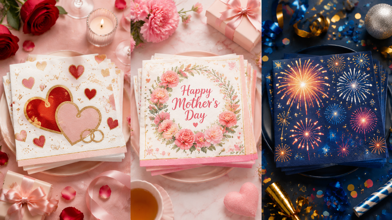 Mother’s Day heart napkins, floral wreath napkins and fireworks party napkins themed paper tableware set