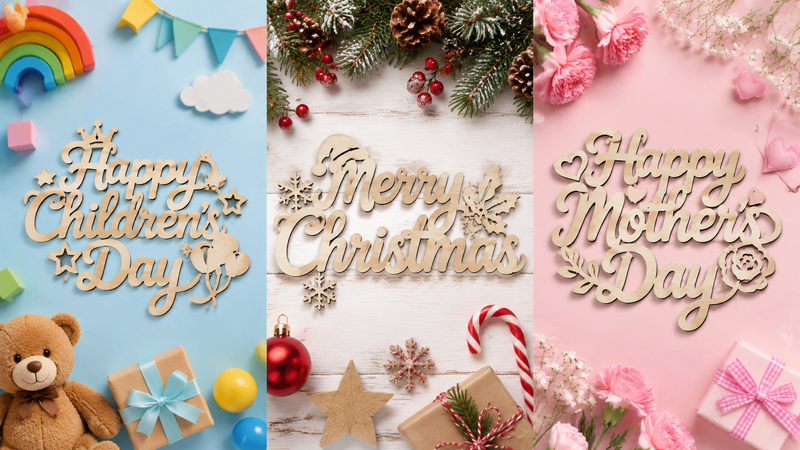 Wooden hollow Happy Birthday letter cutouts arranged in multiple identical sets, lightweight MDF craft letters for birthday party decoration and cake topper styling