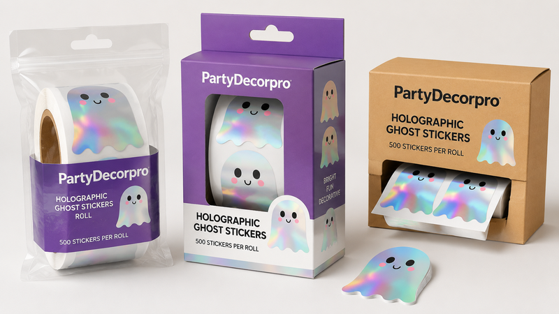 Packaging design concepts for holographic ghost sticker roll including clear bag, window box and kraft dispenser box options