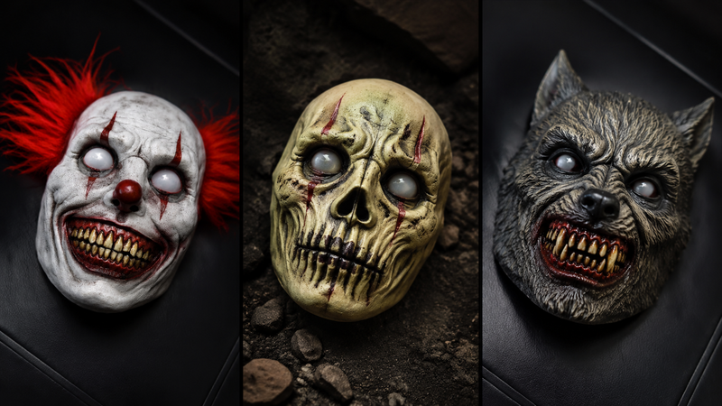Three horror mask variations including clown skull skull and beast mask designs for party decoration
