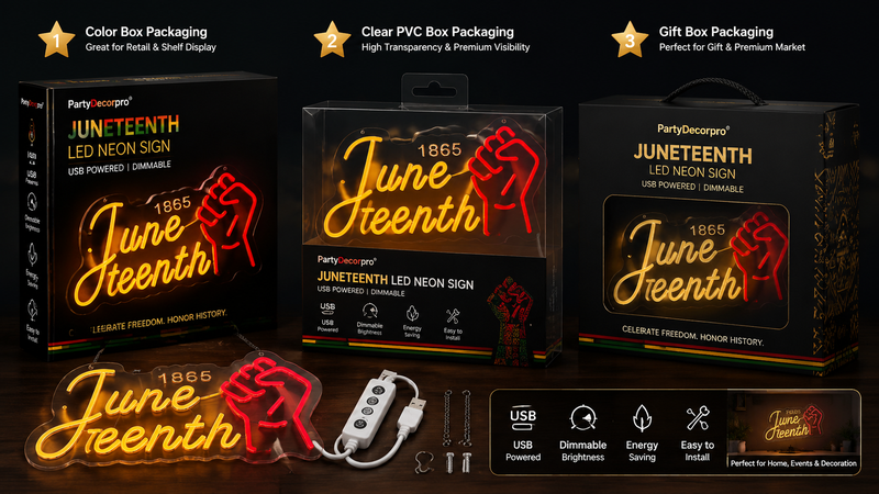 Juneteenth LED neon sign packaging display with box PVC and gift box options for wholesale customization