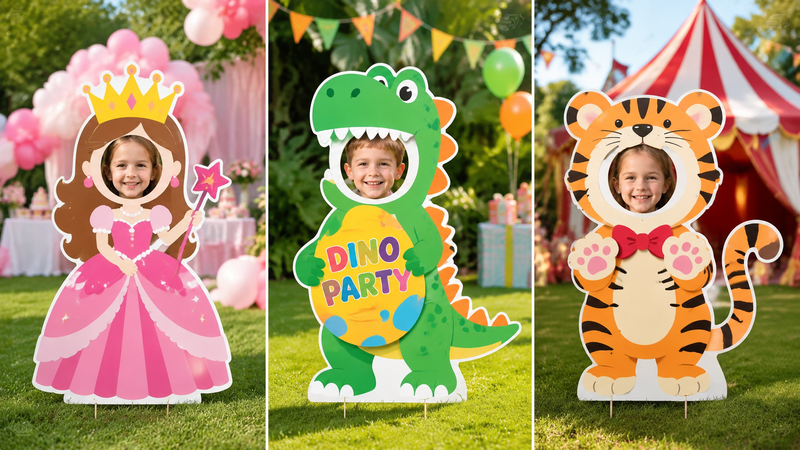 Outdoor children party photo standee props featuring princess, dinosaur and tiger themed cutouts in a bright garden setting