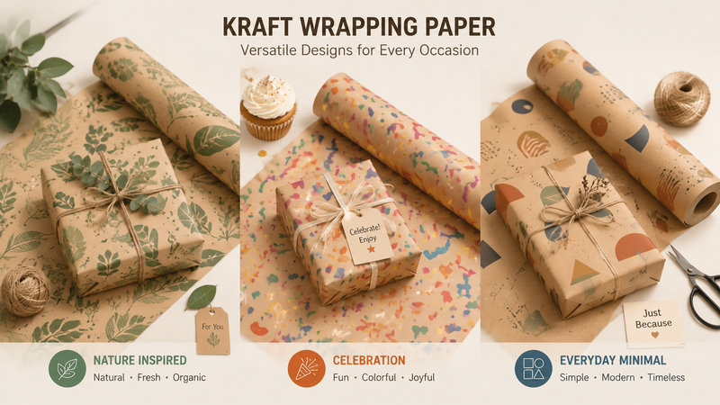 Kraft wrapping paper roll shown with multiple themed design variations including nature inspired patterns, festive colorful styles and minimal geometric prints for versatile gift packaging use