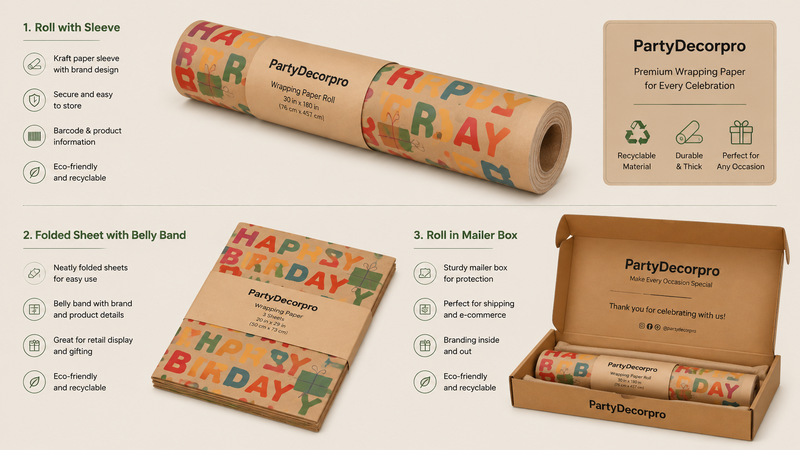 Kraft wrapping paper packaging options roll sleeve folded sheet mailer box eco friendly retail packaging