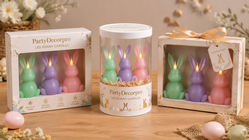 LED bunny candles packaging options including window box cylindrical tube and gift box for wholesale retail display