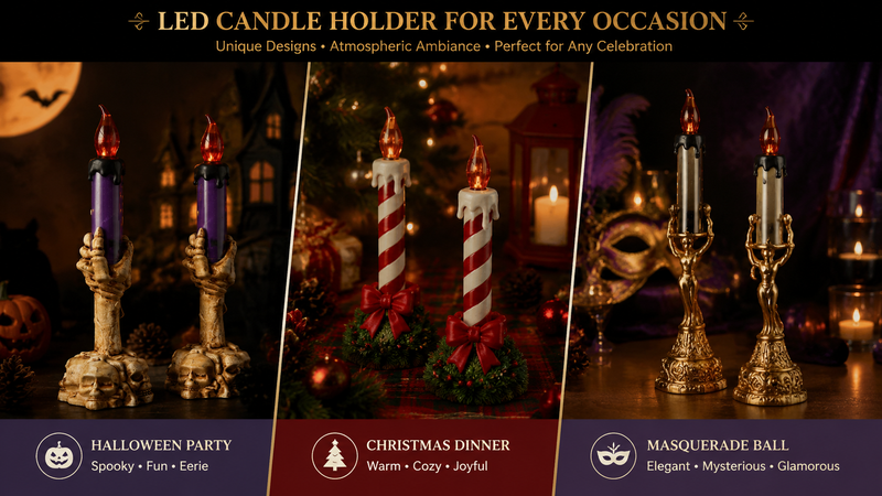 Halloween themed LED candle holders and seasonal flameless decorative candles for party display