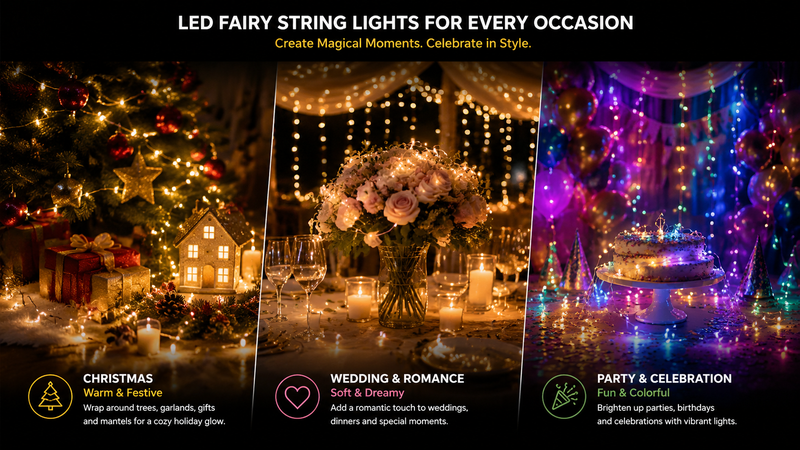 Close up of coiled LED fairy string lights glowing bright white on reflective surface decorative festive lighting product detail shot