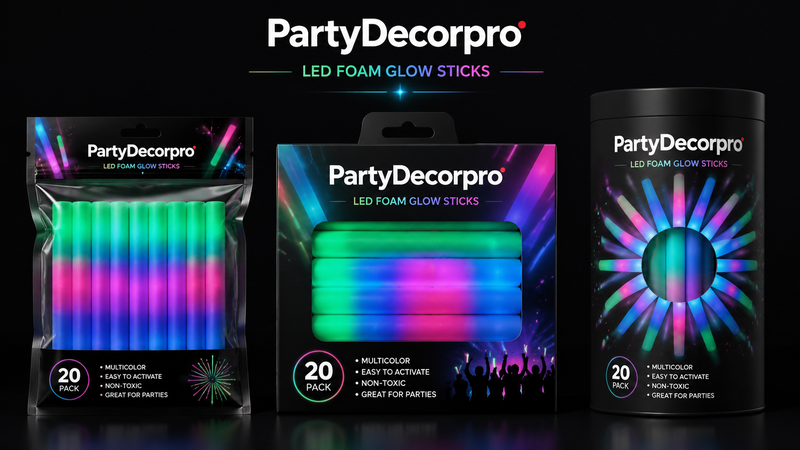 Neon LED foam glow sticks packaging in pouch box and tube three display options customizable wholesale party products
