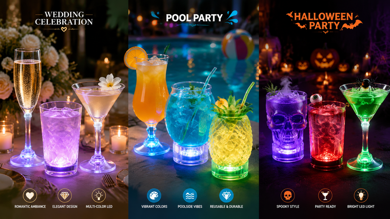 Custom LED light up wedding glasses for themed party and event decorations