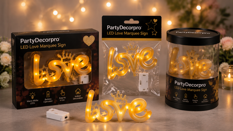 LED Love marquee sign packaging options including box, blister and cylinder retail packaging