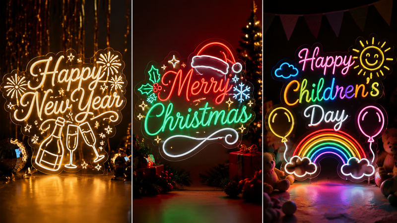 LED neon sign display featuring Happy Birthday glowing script on warm festive background party decoration lighting