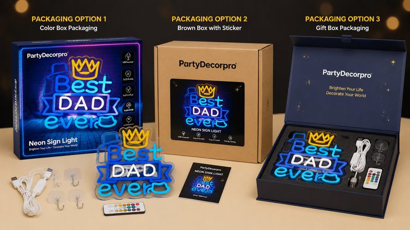 Three packaging options for LED neon sign including retail color box kraft box and premium gift box with accessories displayed in studio lighting