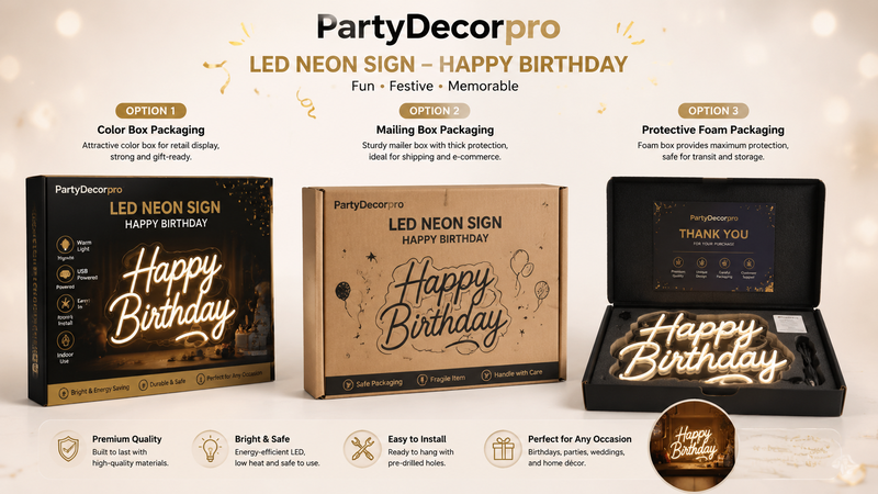 LED neon sign packaging infographic showing color box mailing box and foam protective packaging options for wholesale customization