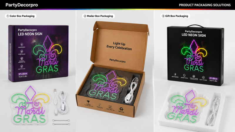 LED neon sign packaging display showing color box mailer box and gift box custom wholesale packaging solutions