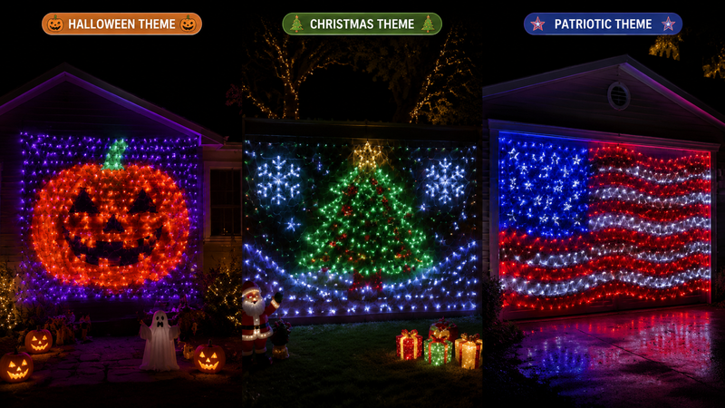 Patriotic style LED net string lights displayed outdoors forming American flag pattern for holiday decoration