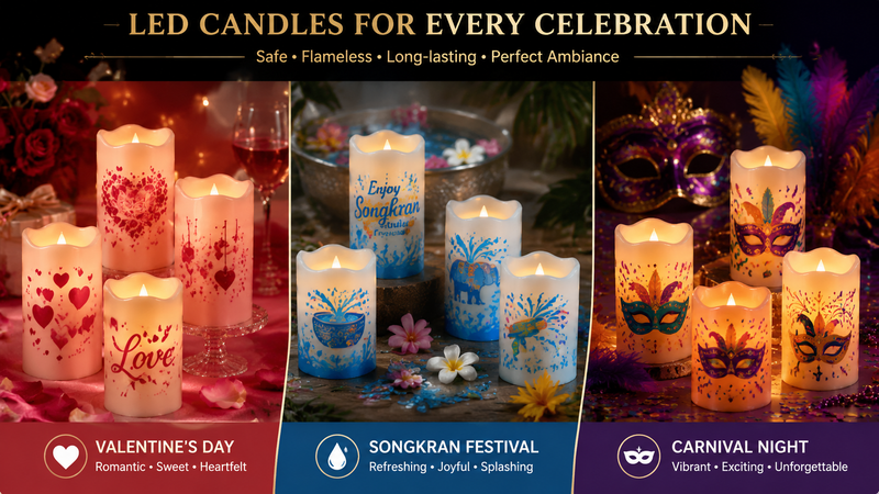 Flameless LED pillar candles with decorative themed designs for seasonal and event decoration