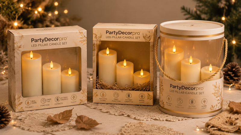 LED pillar candle packaging options including window box cylindrical tube and gift box display for wholesale retail use