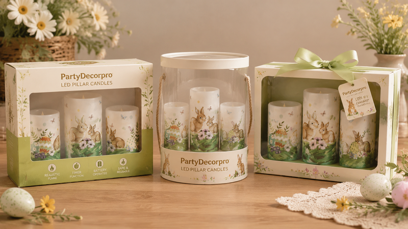 LED pillar candle packaging options including window box tube and gift box for wholesale retail display