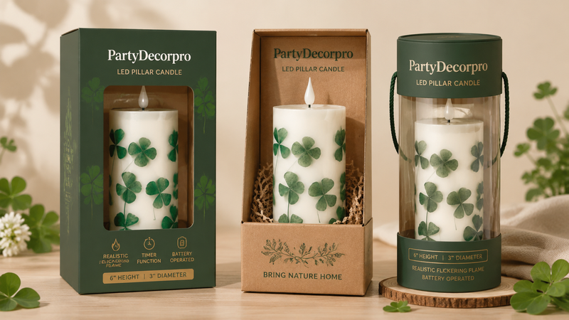 Green clover LED pillar candle packaging in window box kraft box and cylinder tube display