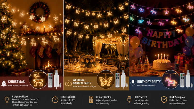 LED decorative string lights with star butterfly and animal shaped bulbs glowing in festive indoor party atmosphere
