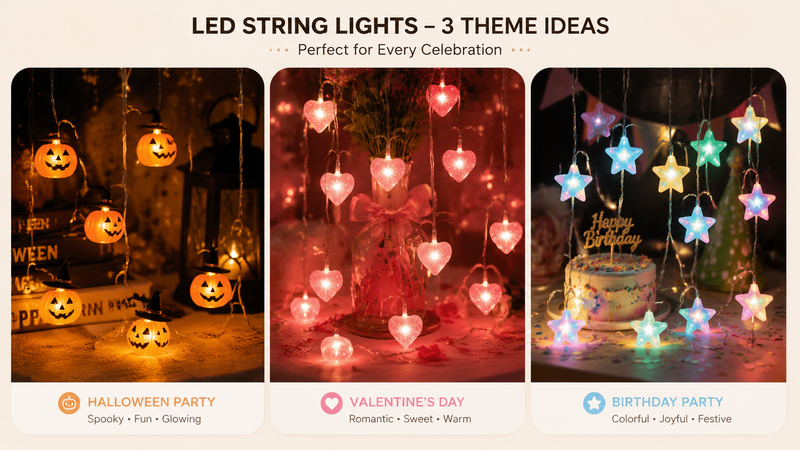 Three-theme LED string lights collage showing Halloween pumpkins, Valentine hearts, and birthday star designs in warm festive lighting display