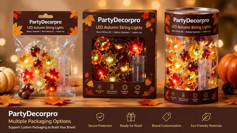 LED string light packaging options showing header bag, window box and cylinder gift packaging with customizable branding
